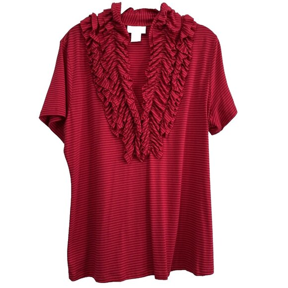 Soft Surroundings Womens Top M Red Stripe Ruffled V Neck Short Sleeve Stretch - Picture 1 of 7